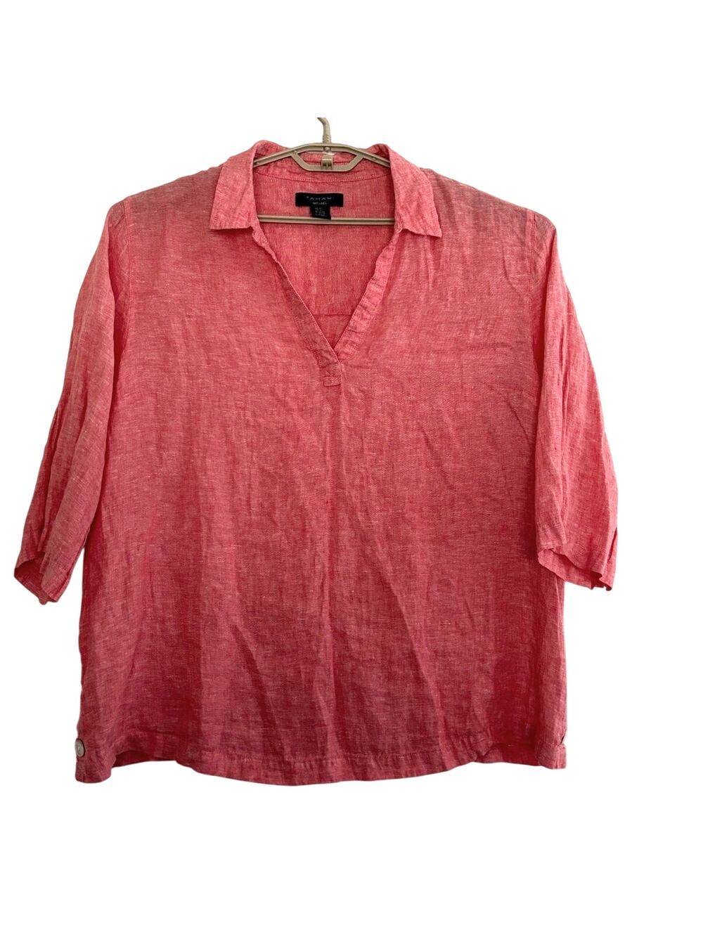 Tahari Popover Blouse Top Coral Pink 100% Linen 2X Button side slits 3/4 sleeve